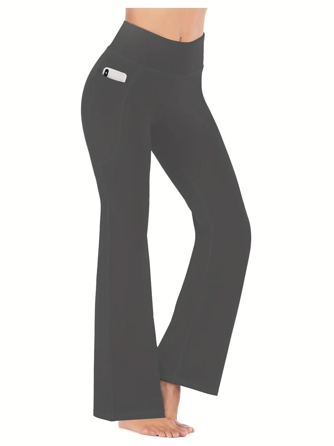 Women'S Slim Tummy Control High Waist Pocket Flare Leg Pants, Casual Comfy High Stretch Seamless Sports Trousers, Stretchy Workout Leggings, for Yoga Workout Gym, Skinny Bottoms, Runs Small, Order One Size Up, Side Pocket Leggings