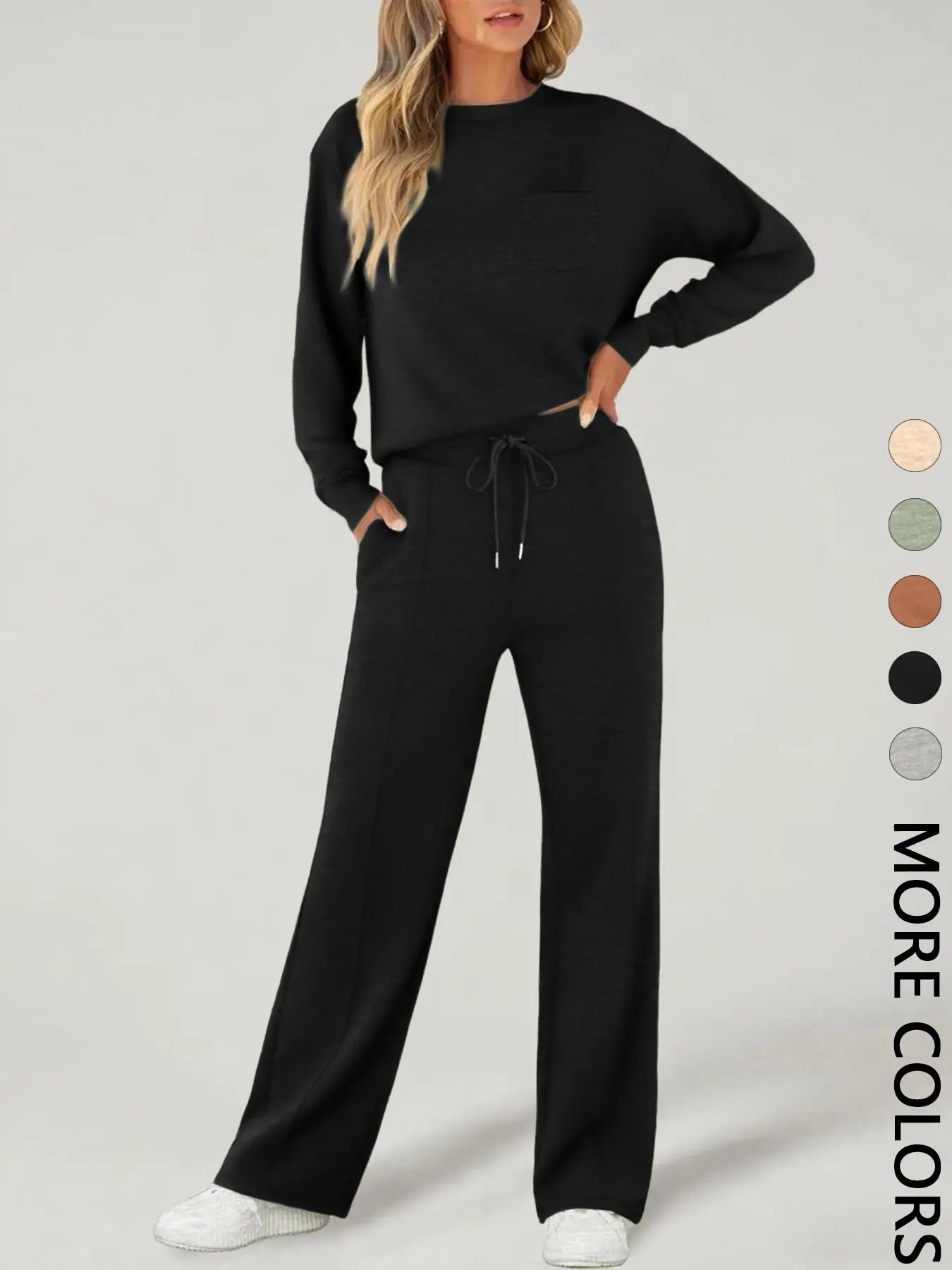 2-Piece Women'S Casual Long Sleeve Pocket Sportswear Set, Stylish Comfortable Wide Leg Athletic Tracksuit Set for All Seasons