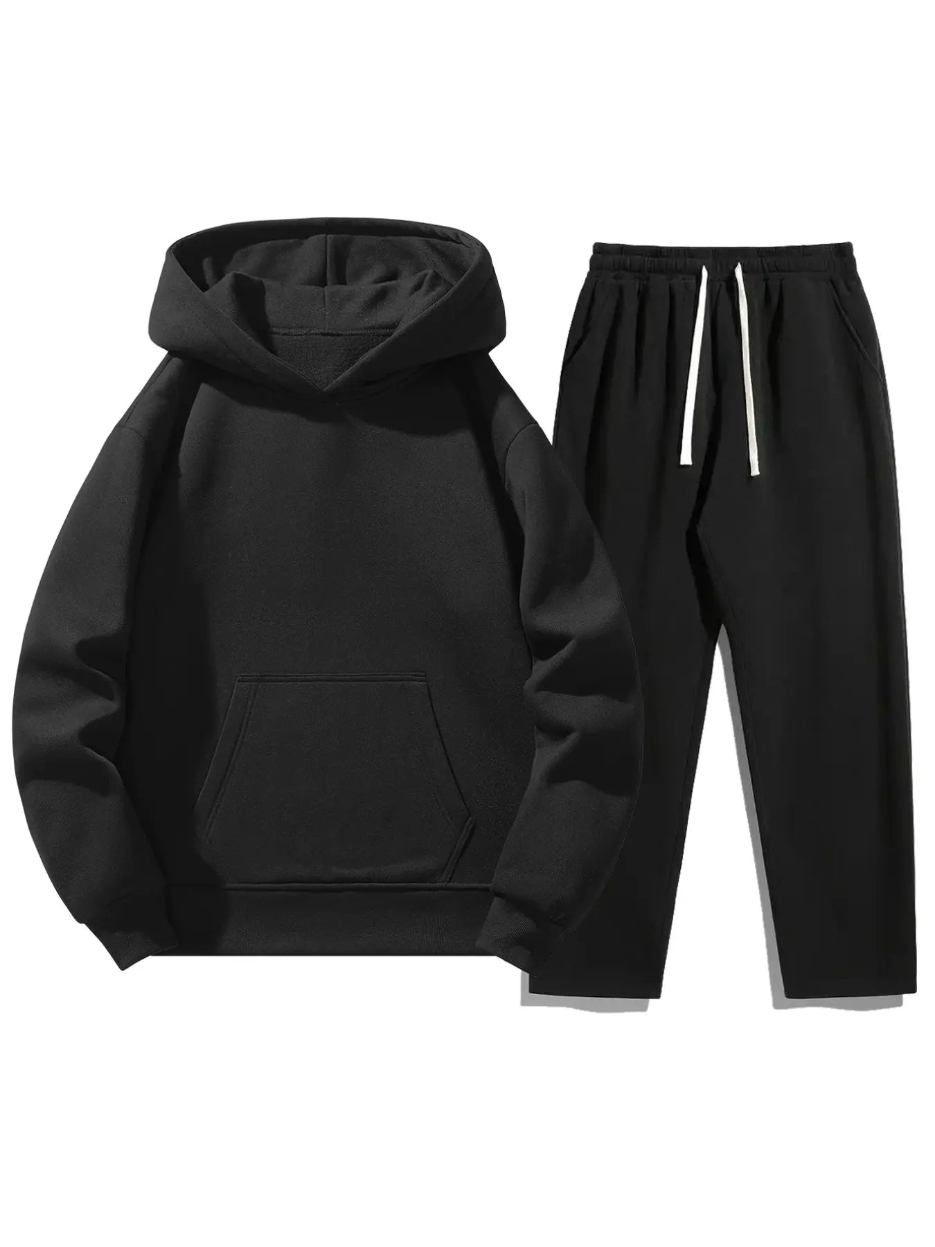 Men'S Solid Color Two-Piece Sweatsuit Set, Fitted Casual Hoodie & Drawstring Pants, Thick Fabric for Fall Winter, Daily Wear Essentials