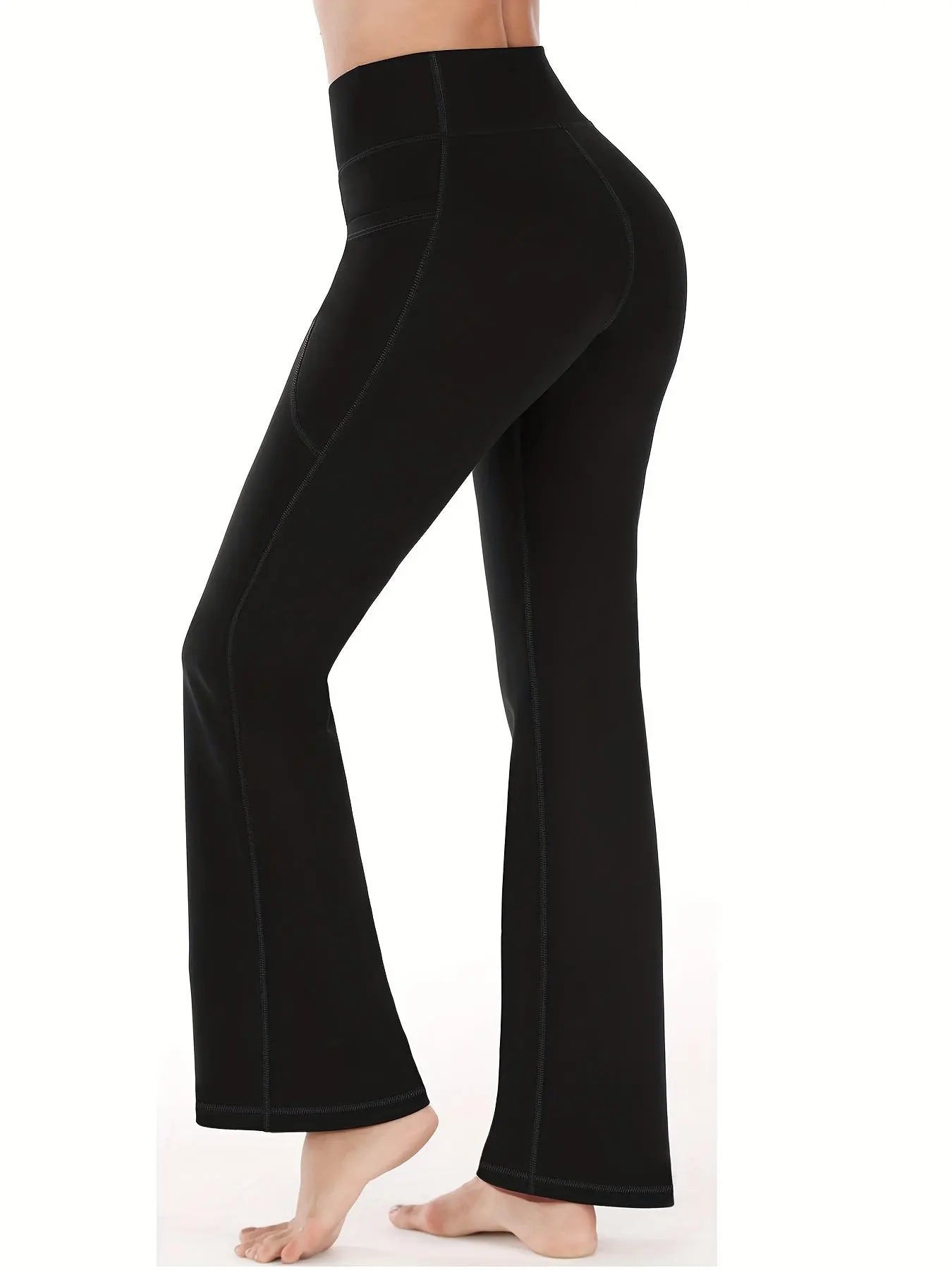 Women'S Slim Tummy Control High Waist Pocket Flare Leg Pants, Casual Comfy High Stretch Seamless Sports Trousers, Stretchy Workout Leggings, for Yoga Workout Gym, Skinny Bottoms, Runs Small, Order One Size Up, Side Pocket Leggings