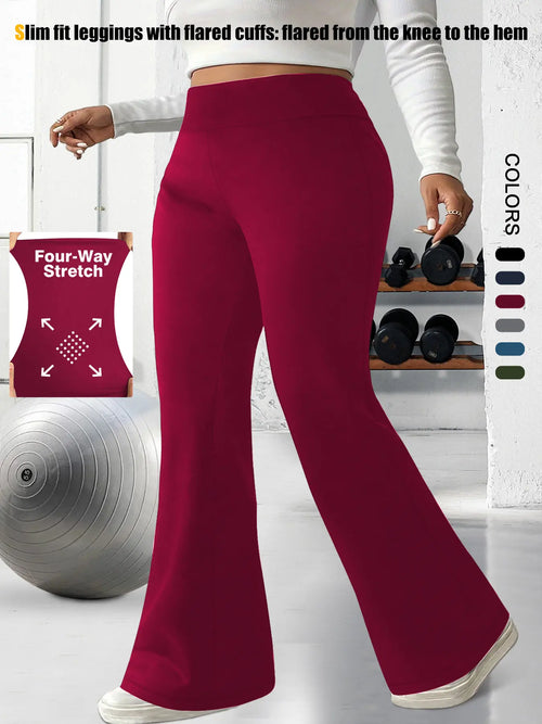 Plus Size Solid High-Waisted Flare-Leg Soft Leggings, Casual Comfy High Stretch Trousers for Daily Wear, Women'S Bottoms for Summer, Athleisure Style Bottoms