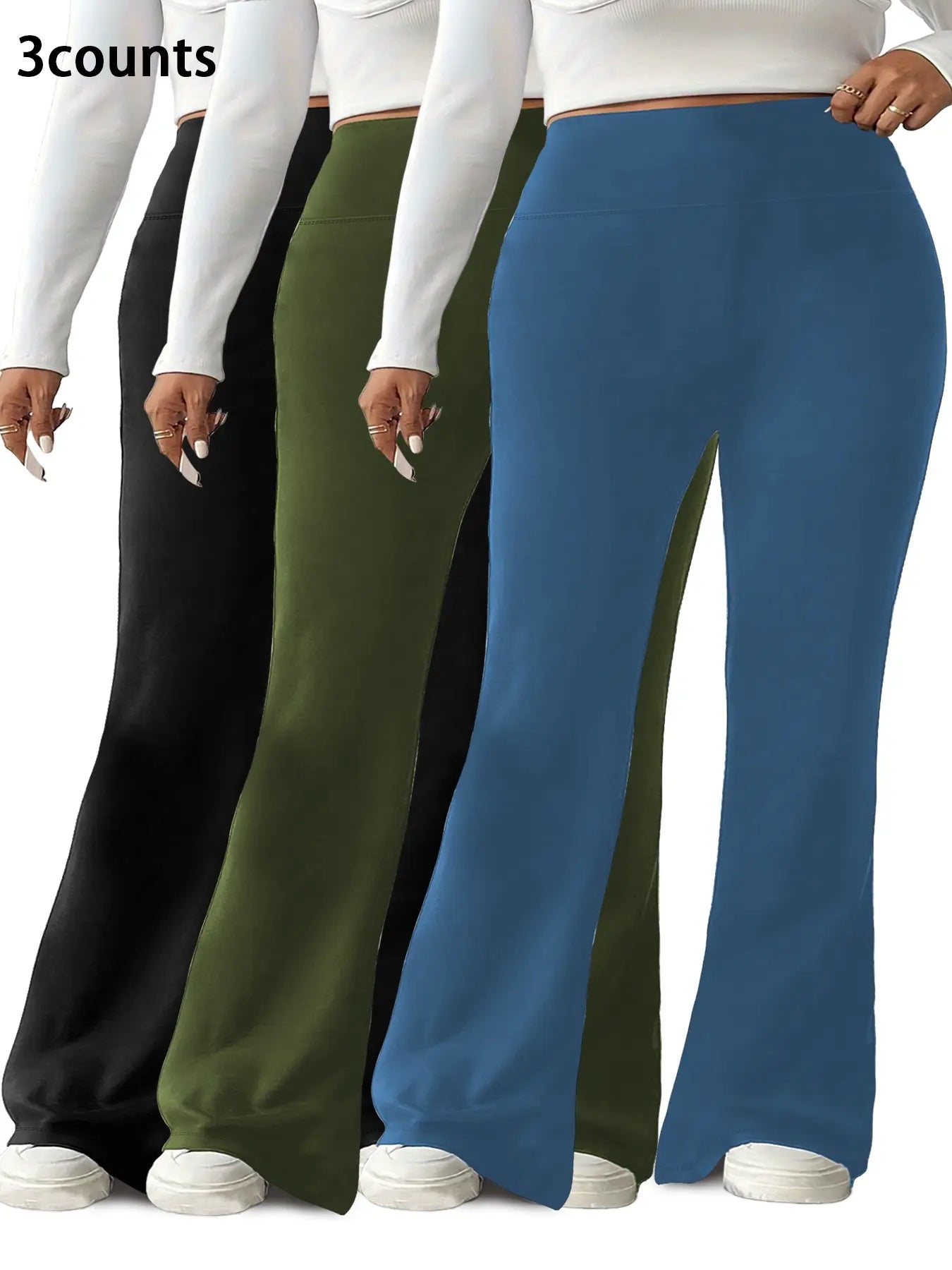 Plus Size Solid High-Waisted Flare-Leg Soft Leggings, Casual Comfy High Stretch Trousers for Daily Wear, Women'S Bottoms for Summer, Athleisure Style Bottoms