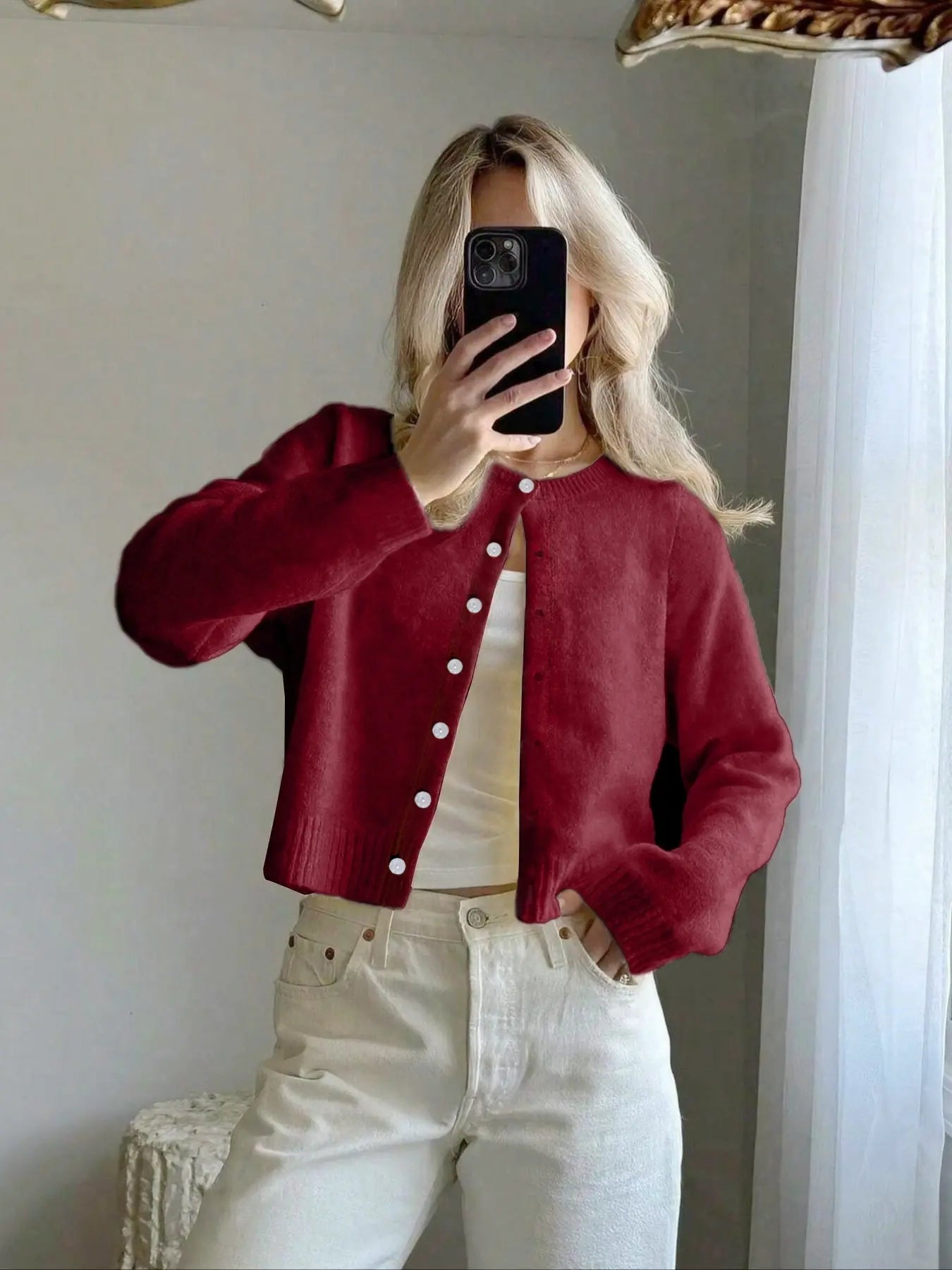 Women'S Solid Color Button Front Cardigan, Casual Long Sleeve Knitwear for Spring & Fall, Fashion Women'S Knit Clothing for Daily Wear