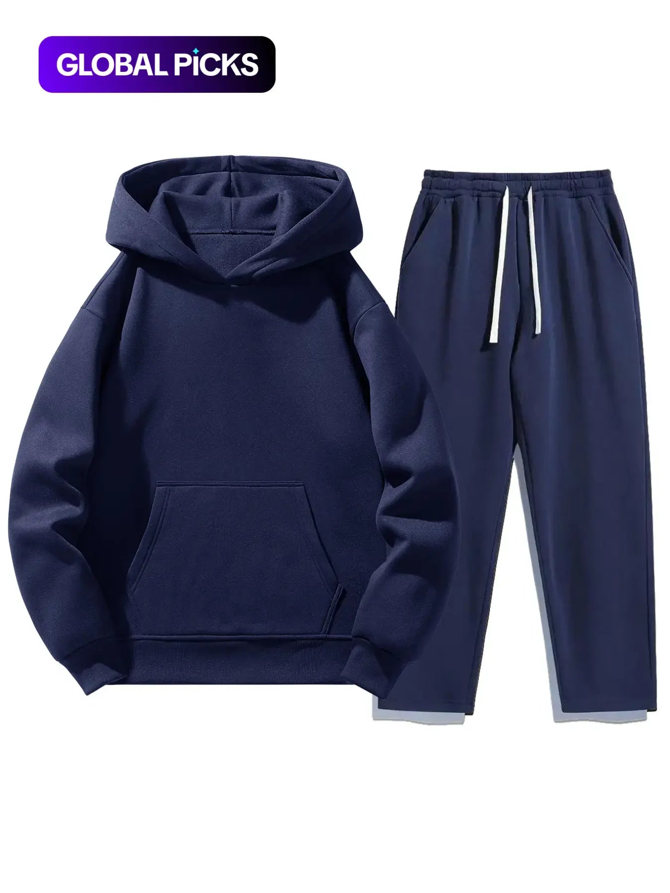 Men'S Solid Color Two-Piece Sweatsuit Set, Fitted Casual Hoodie & Drawstring Pants, Thick Fabric for Fall Winter, Daily Wear Essentials