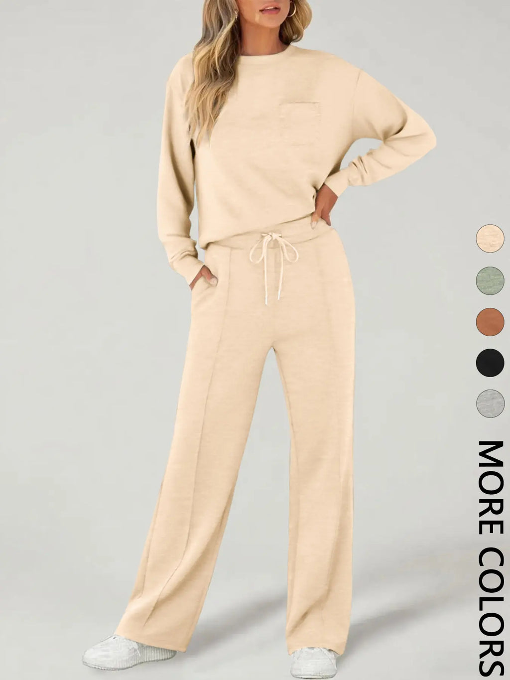 2-Piece Women'S Casual Long Sleeve Pocket Sportswear Set, Stylish Comfortable Wide Leg Athletic Tracksuit Set for All Seasons