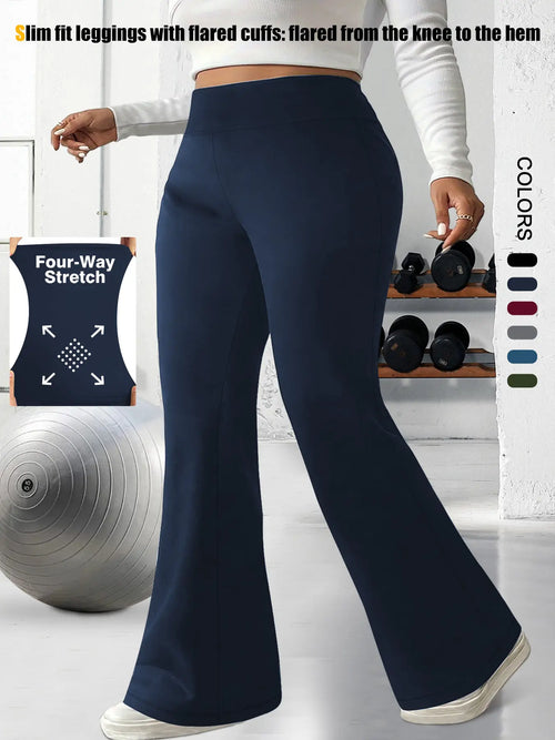 Plus Size Solid High-Waisted Flare-Leg Soft Leggings, Casual Comfy High Stretch Trousers for Daily Wear, Women'S Bottoms for Summer, Athleisure Style Bottoms