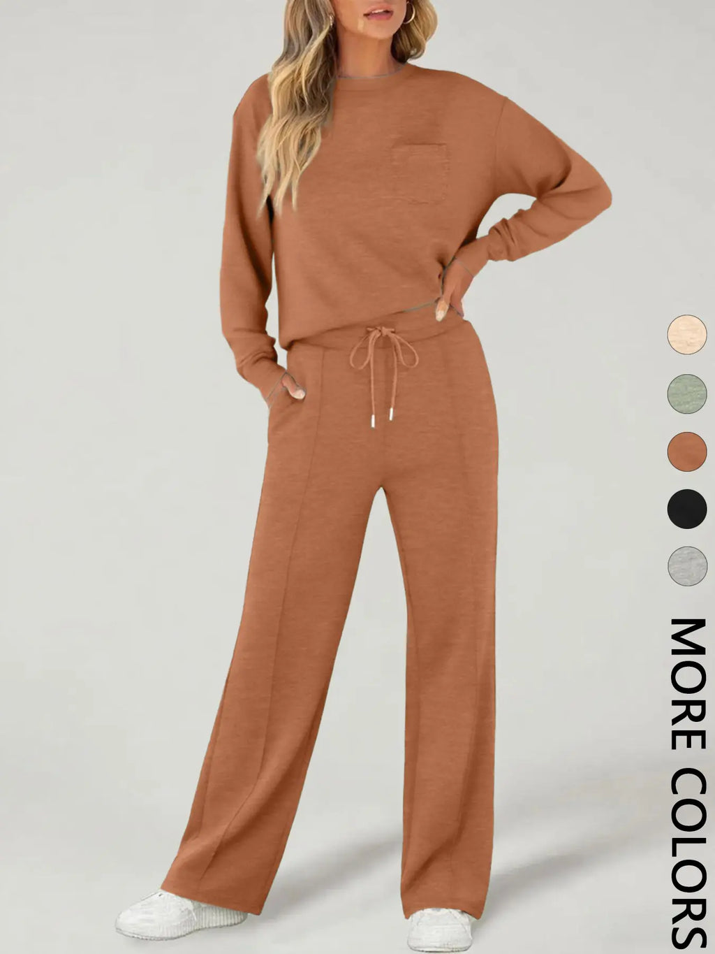 2-Piece Women'S Casual Long Sleeve Pocket Sportswear Set, Stylish Comfortable Wide Leg Athletic Tracksuit Set for All Seasons