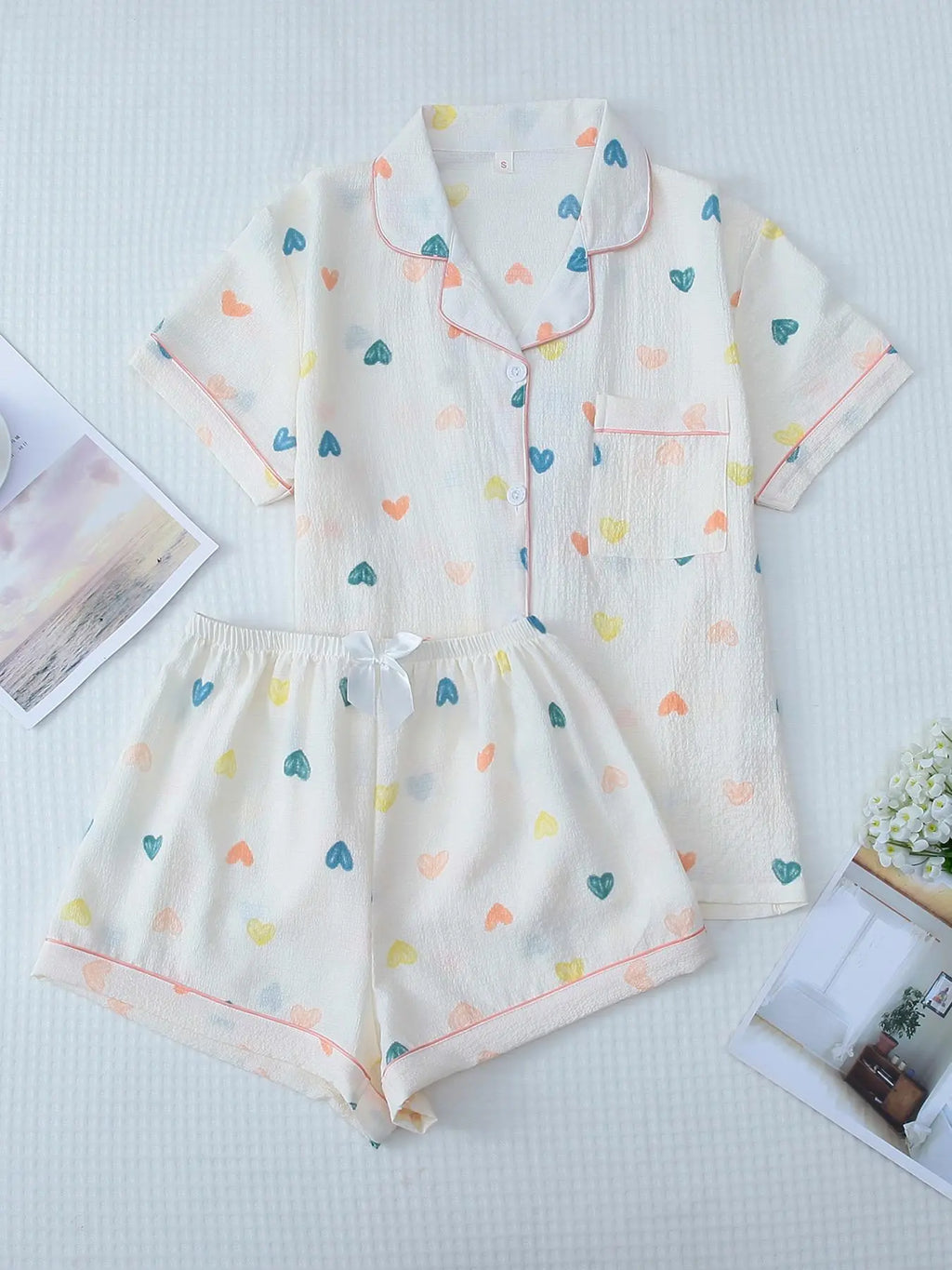 Two Counts Women'S Cherry/Heart/Floral Print Lapel Pocket Shirt & Bow Decor Shorts Pyjama Set, Button Front Short Sleeve Top & Contrast Binding Shorts Pj Set, Casual Comfortable Sleepwear Set for Women