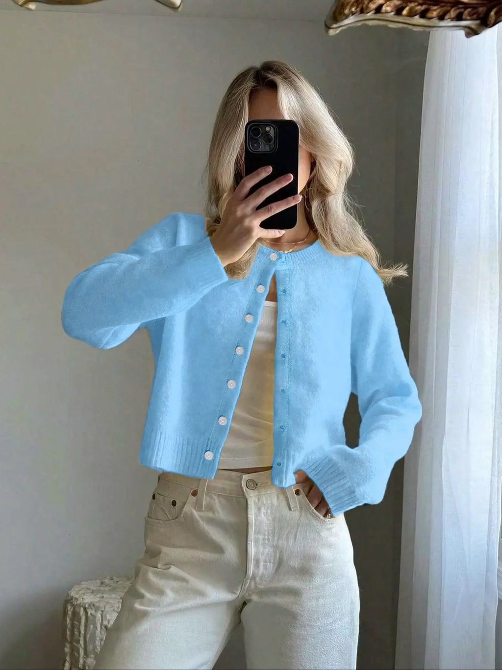Women'S Solid Color Button Front Cardigan, Casual Long Sleeve Knitwear for Spring & Fall, Fashion Women'S Knit Clothing for Daily Wear