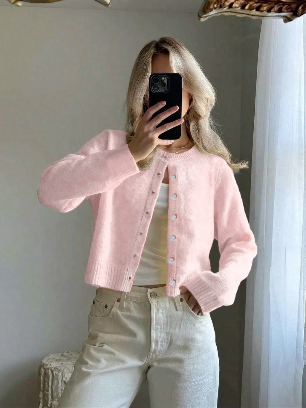 Women'S Solid Color Button Front Cardigan, Casual Long Sleeve Knitwear for Spring & Fall, Fashion Women'S Knit Clothing for Daily Wear