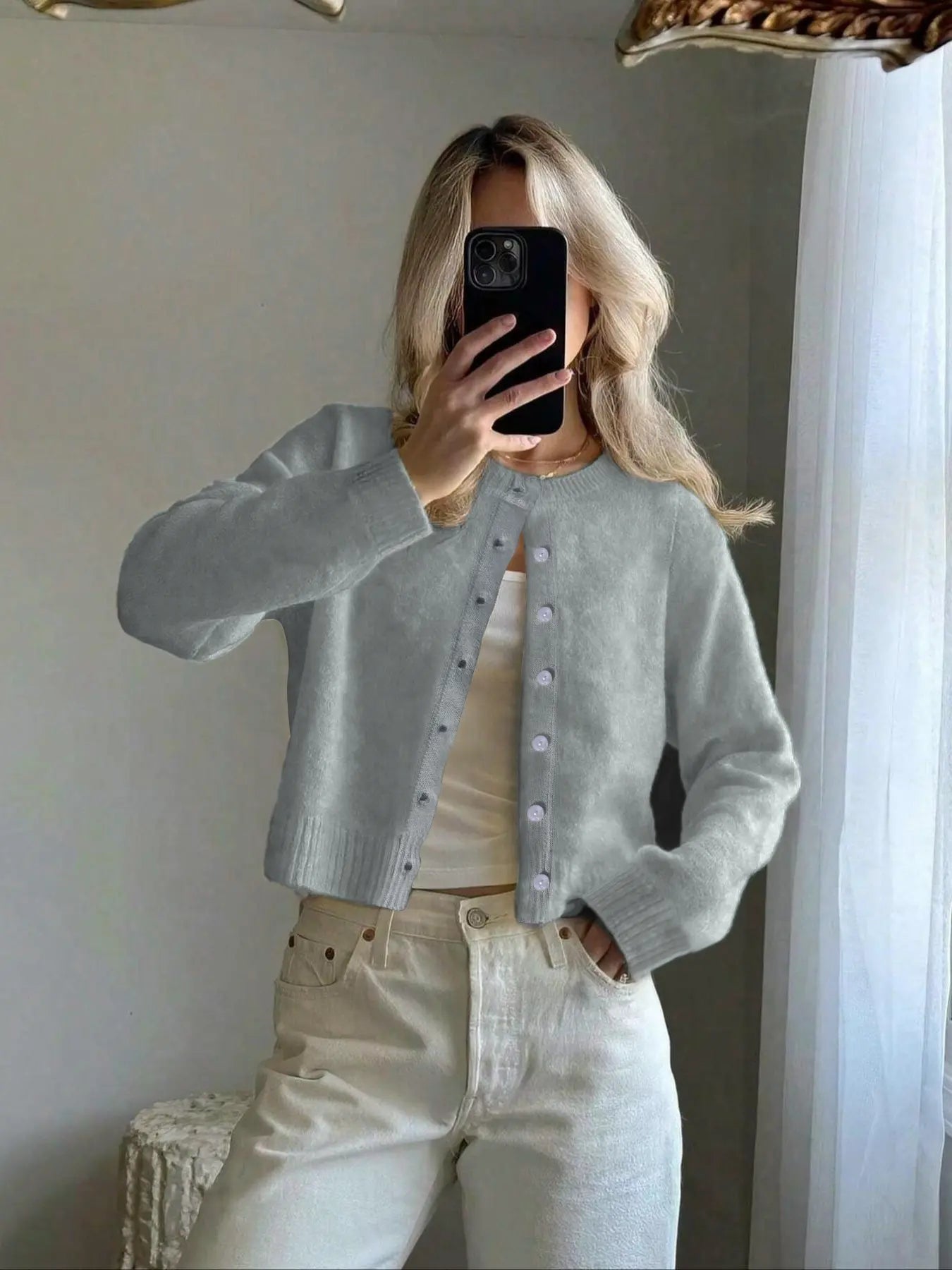 Women'S Solid Color Button Front Cardigan, Casual Long Sleeve Knitwear for Spring & Fall, Fashion Women'S Knit Clothing for Daily Wear