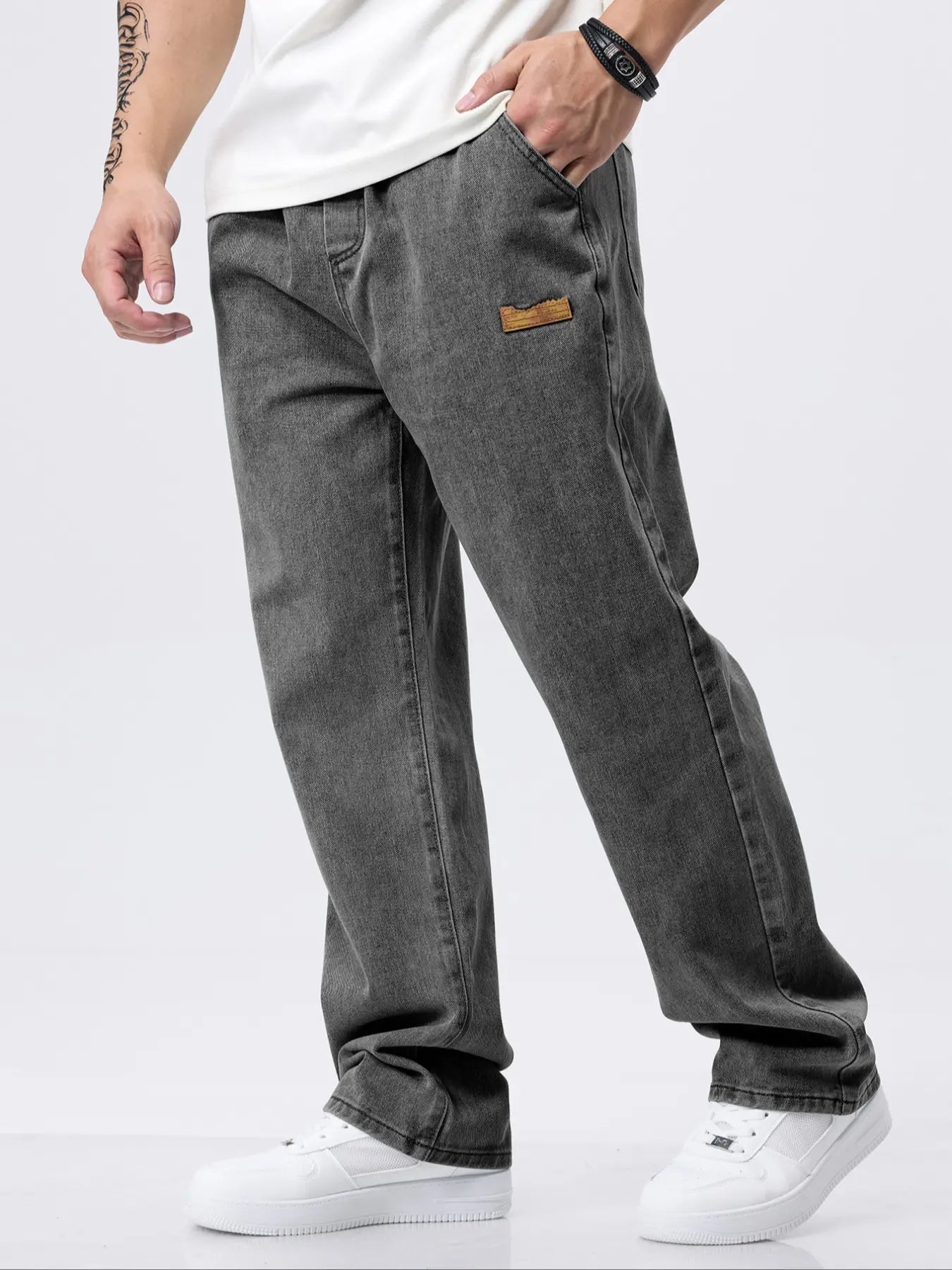 Men'S Drawstring Elastic Waist Jeans, Washed Vintage Light Wash Straight Leg Plain Denim Jeans, Comfortable Fitted Style, Casual Daily Wear Pants