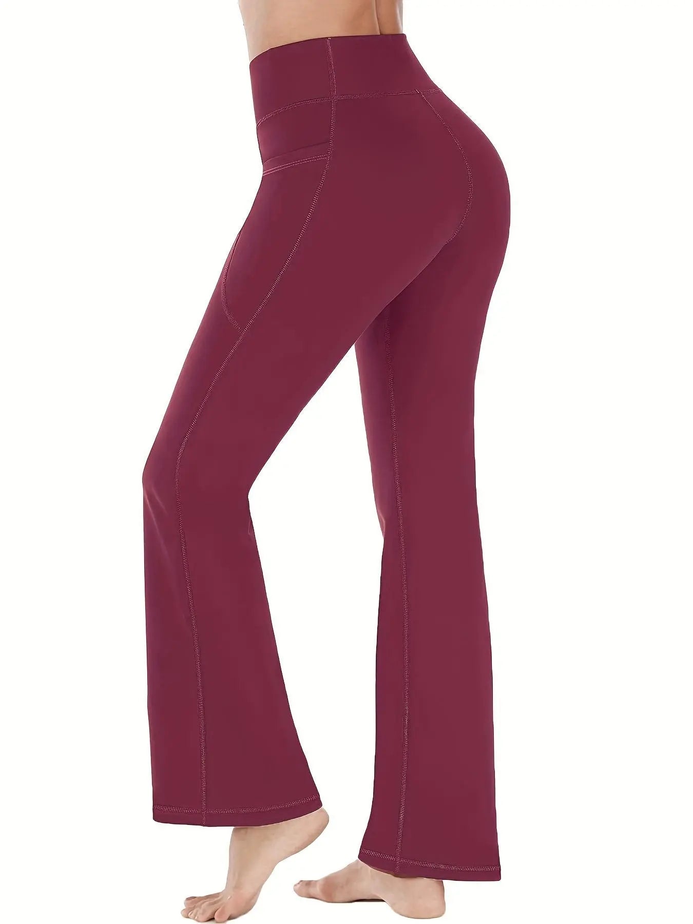 Women'S Slim Tummy Control High Waist Pocket Flare Leg Pants, Casual Comfy High Stretch Seamless Sports Trousers, Stretchy Workout Leggings, for Yoga Workout Gym, Skinny Bottoms, Runs Small, Order One Size Up, Side Pocket Leggings