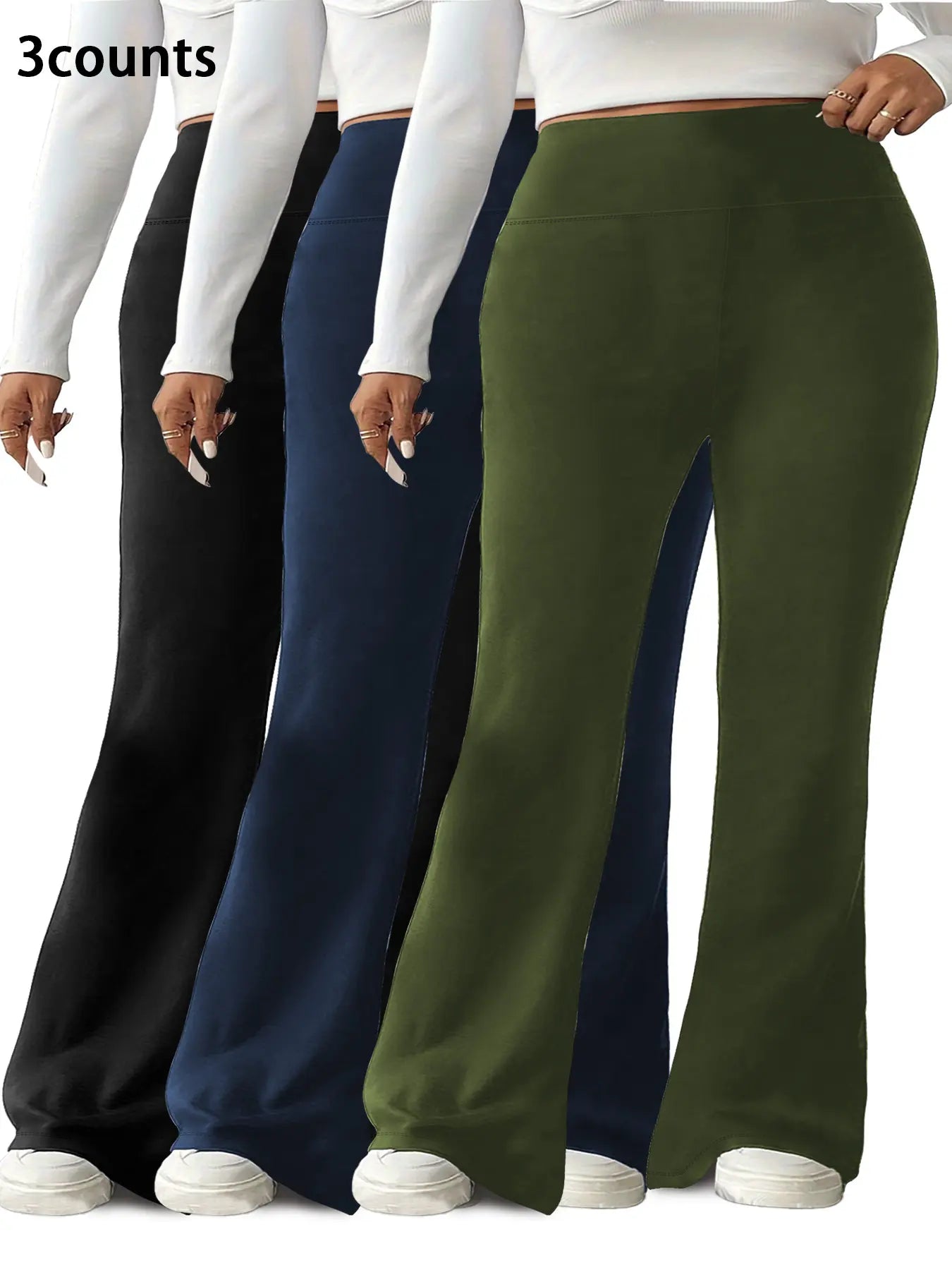 Plus Size Solid High-Waisted Flare-Leg Soft Leggings, Casual Comfy High Stretch Trousers for Daily Wear, Women'S Bottoms for Summer, Athleisure Style Bottoms
