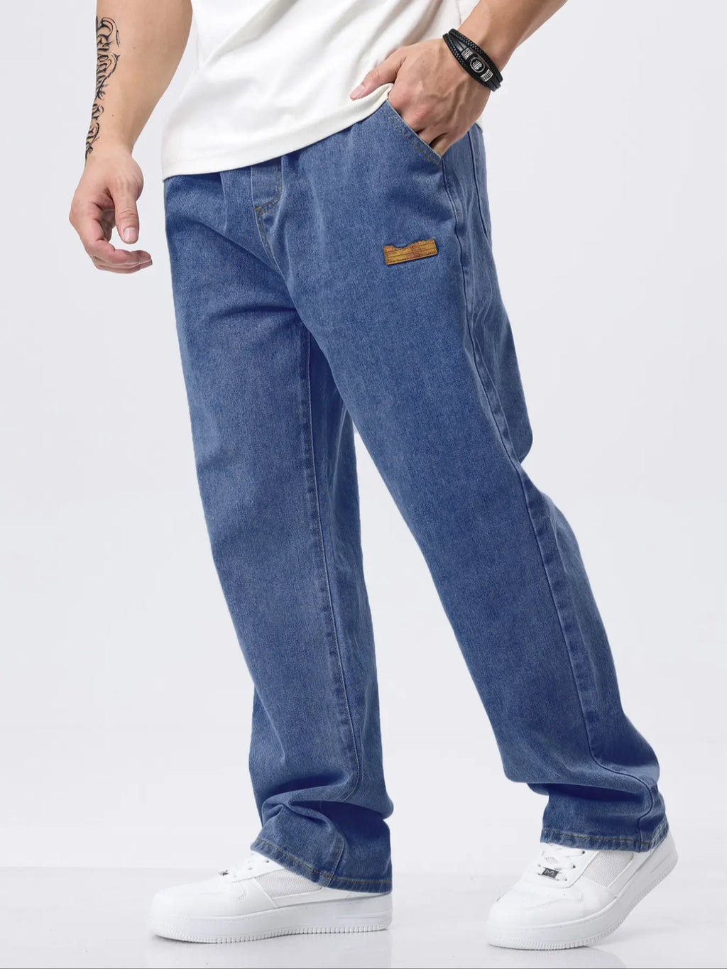 Men'S Drawstring Elastic Waist Jeans, Washed Vintage Light Wash Straight Leg Plain Denim Jeans, Comfortable Fitted Style, Casual Daily Wear Pants