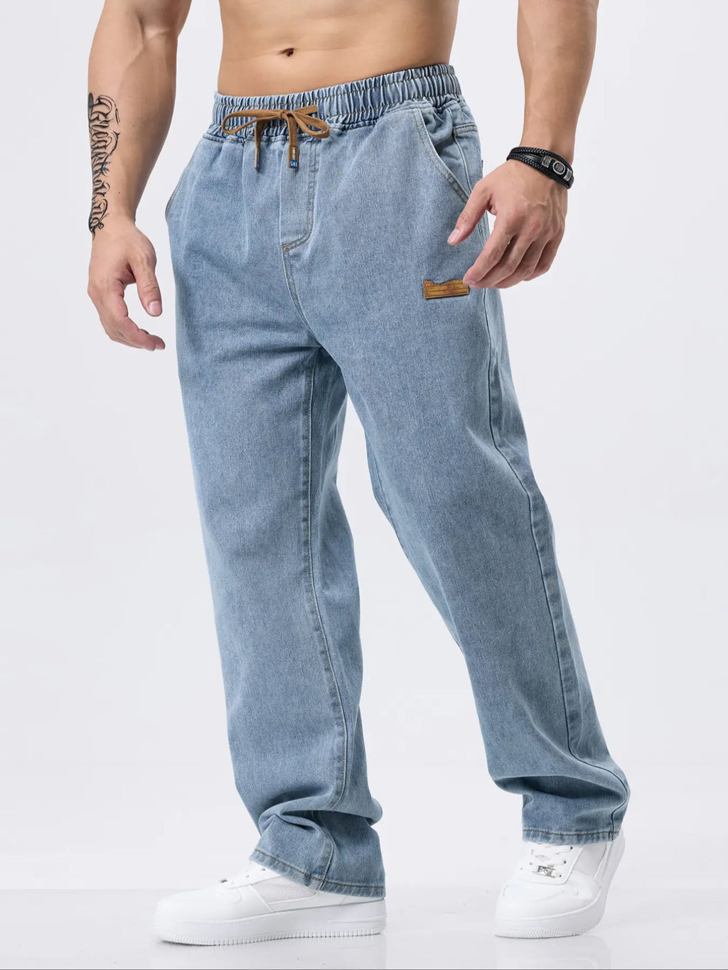 Men'S Drawstring Elastic Waist Jeans, Washed Vintage Light Wash Straight Leg Plain Denim Jeans, Comfortable Fitted Style, Casual Daily Wear Pants