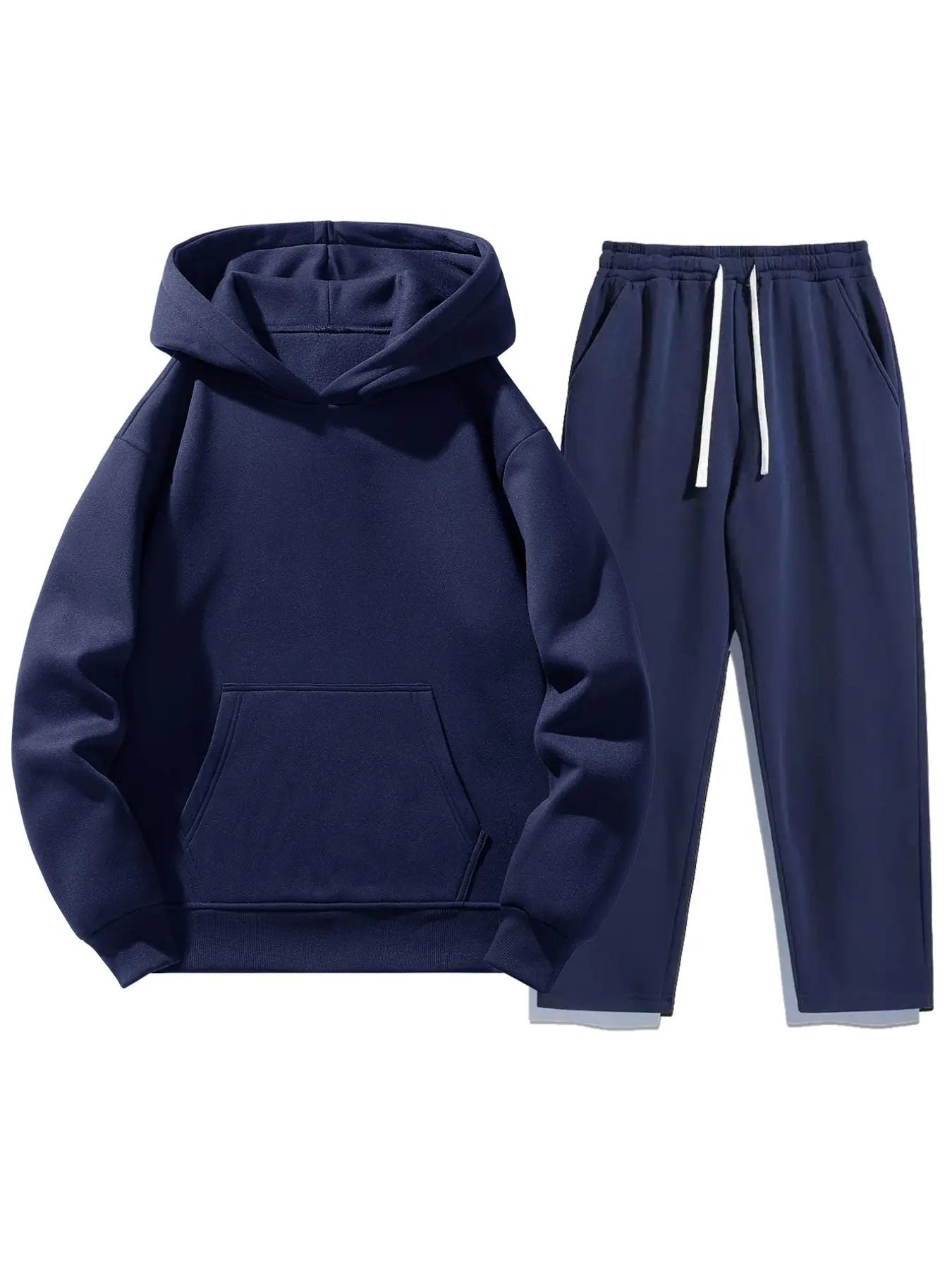 Men'S Solid Color Two-Piece Sweatsuit Set, Fitted Casual Hoodie & Drawstring Pants, Thick Fabric for Fall Winter, Daily Wear Essentials